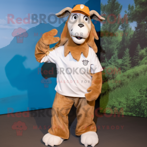 Tan Boer Goat mascot costume character dressed with a Long Sleeve Tee and Caps