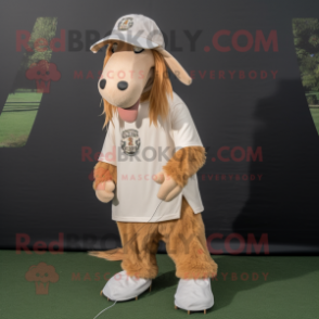 Tan Boer Goat mascot costume character dressed with a Long Sleeve Tee and Caps