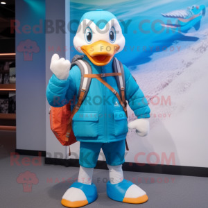 Cyan Geese mascot costume character dressed with a Windbreaker and Backpacks