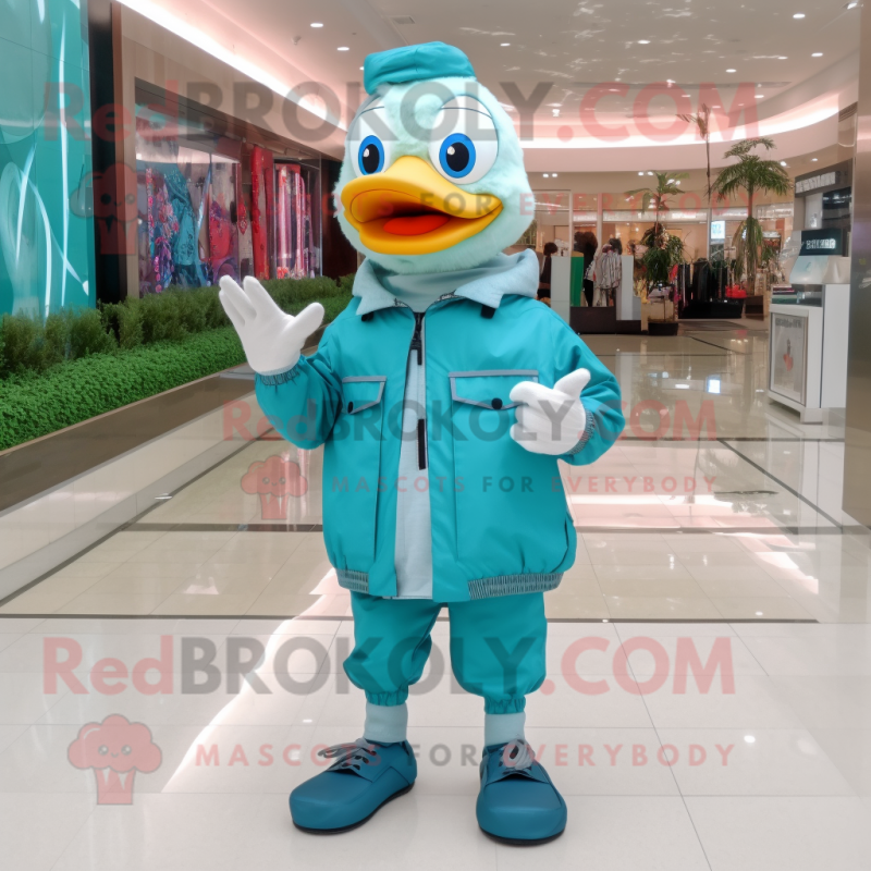Cyan Geese mascot costume character dressed with a Windbreaker and Backpacks