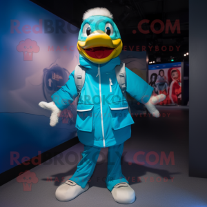 Cyan Geese mascot costume character dressed with a Windbreaker and Backpacks