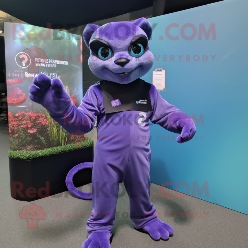 Lavender Panther mascot costume character dressed with a Jumpsuit and Keychains Lavender Panther mascot costume character dressed with a Jumpsuit and Keychains