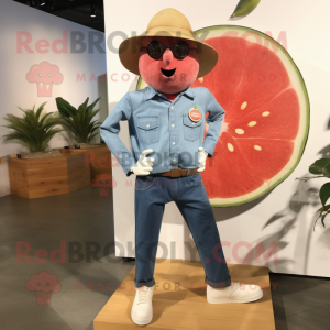 Red Grapefruit mascot costume character dressed with a Chambray Shirt and Shoe clips