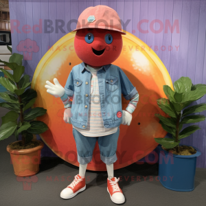 Red Grapefruit mascot costume character dressed with a Chambray Shirt and Shoe clips