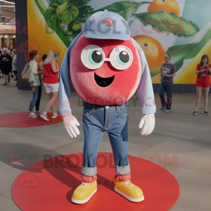 Red Grapefruit mascot costume character dressed with a Chambray Shirt and Shoe clips
