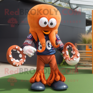 Rust Octopus mascot costume character dressed with a Rugby Shirt and Bracelets