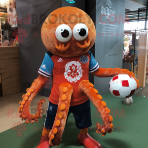 Rust Octopus mascot costume character dressed with a Rugby Shirt and Bracelets