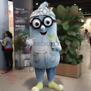 Silver Zucchini mascot costume character dressed with a Denim Shorts and Reading glasses