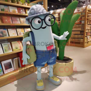 Silver Zucchini mascot costume character dressed with a Denim Shorts and Reading glasses
