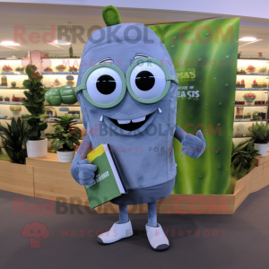 Silver Zucchini mascot costume character dressed with a Denim Shorts and Reading glasses