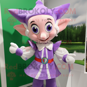 Lavender Elf mascot costume character dressed with a Blouse and Bow ties