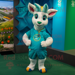 Teal Goat mascot costume character dressed with a Playsuit and Coin purses