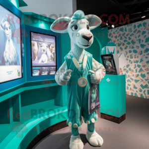 Teal Goat mascot costume character dressed with a Playsuit and Coin purses