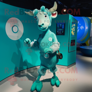 Teal Goat mascot costume character dressed with a Playsuit and Coin purses