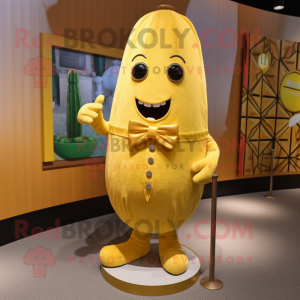 Gold Zucchini mascot costume character dressed with a Henley Shirt and Tie pins