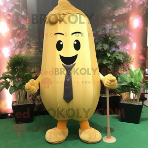 Gold Zucchini mascot costume character dressed with a Henley Shirt and Tie pins