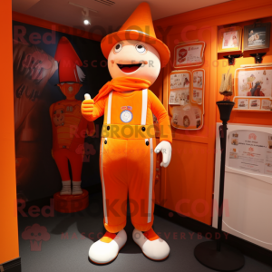 Orange Magician mascot costume character dressed with a Dungarees and Keychains
