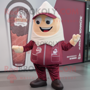 Maroon Ice Cream Cone mascot costume character dressed with a Bomber Jacket and Beanies