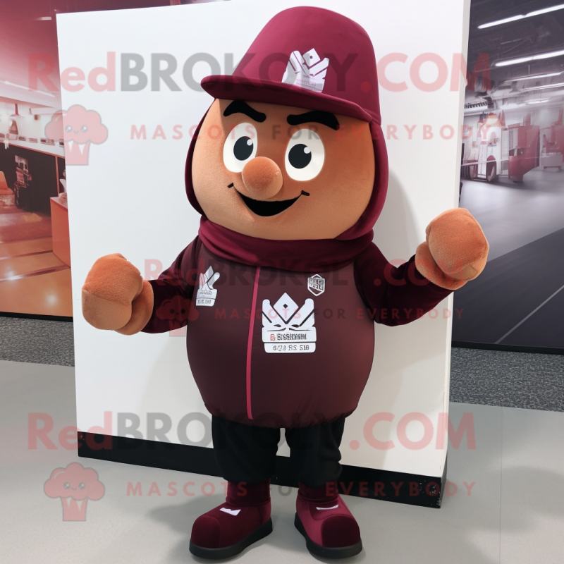 Maroon Ice Cream Cone mascot costume character dressed with a Bomber Jacket and Beanies Maroon Ice Cream Cone mascot costume character dressed with a Bomber Jacket and Beanies