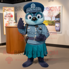 Teal Navy Soldier mascot costume character dressed with a Wrap Skirt and Rings