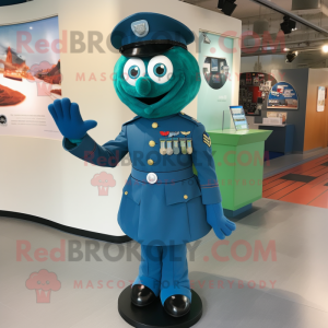Teal Navy Soldier mascot costume character dressed with a Wrap Skirt and Rings