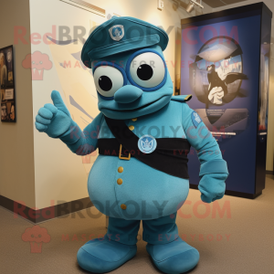 Teal Navy Soldier mascot costume character dressed with a Wrap Skirt and Rings