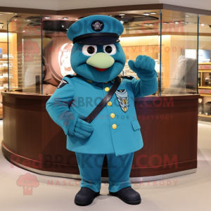 Teal Navy Soldier mascot costume character dressed with a Wrap Skirt and Rings