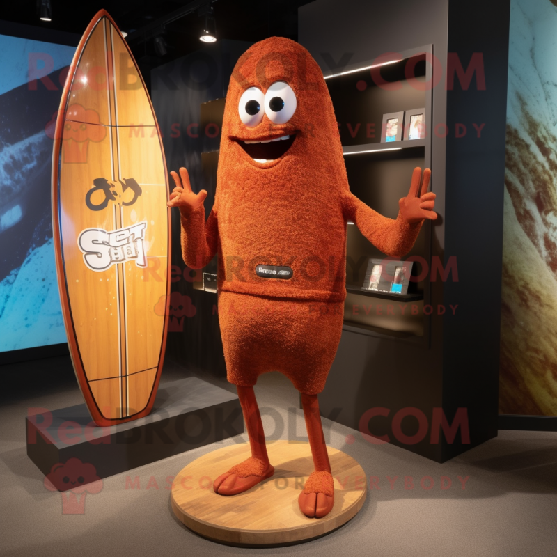 Rust Surfboard mascot costume character dressed with a Mini Dress and Wallets Rust Surfboard mascot costume character dressed with a Mini Dress and Wallets
