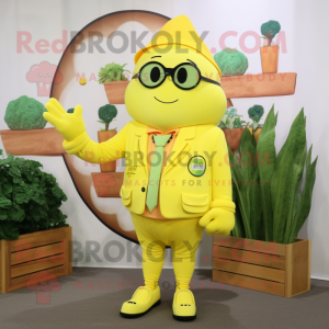 Lemon Yellow Radish mascot costume character dressed with a Jacket and Watches