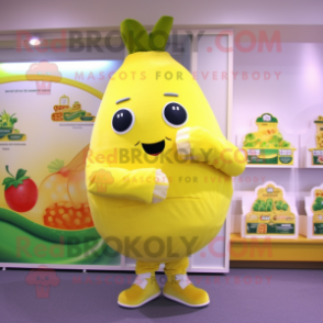 Lemon Yellow Radish mascot costume character dressed with a Jacket and Watches