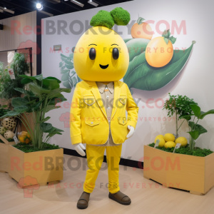 Lemon Yellow Radish mascot costume character dressed with a Jacket and Watches