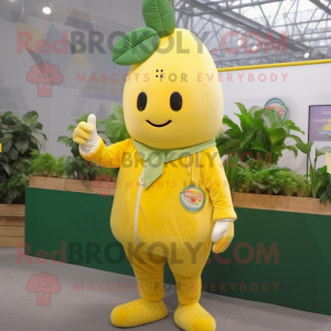 Lemon Yellow Radish mascot costume character dressed with a Jacket and Watches