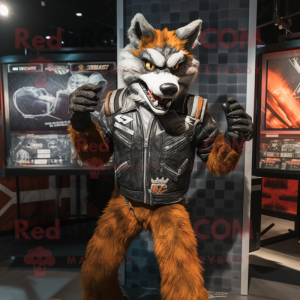 Rust Say Wolf mascot costume character dressed with a Biker Jacket and Foot pads