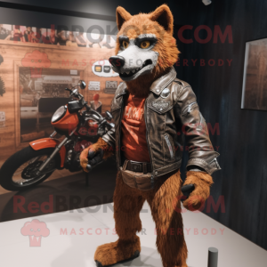 Rust Say Wolf mascot costume character dressed with a Biker Jacket and Foot pads