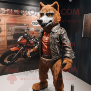 Rust Say Wolf mascot costume character dressed with a Biker Jacket and Foot pads