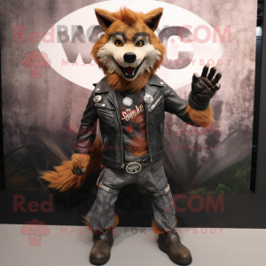 Rust Say Wolf mascot costume character dressed with a Biker Jacket and Foot pads