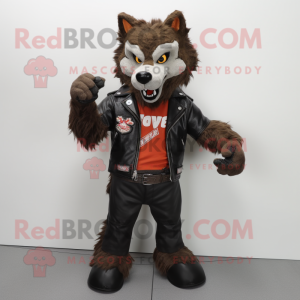 Rust Say Wolf mascot costume character dressed with a Biker Jacket and Foot pads