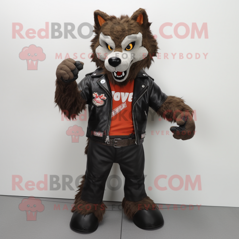 Rust Say Wolf mascot costume character dressed with a Biker Jacket and Foot pads