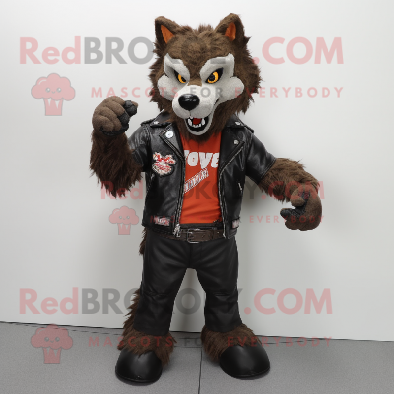 Rust Say Wolf mascot costume character dressed with a Biker Jacket and Foot pads Rust Say Wolf mascot costume character dressed with a Biker Jacket and Foot pads