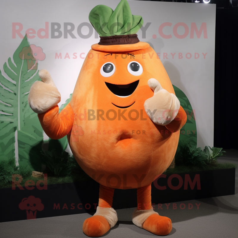 Orange Turnip mascot costume character dressed with a Corduroy Pants and Gloves