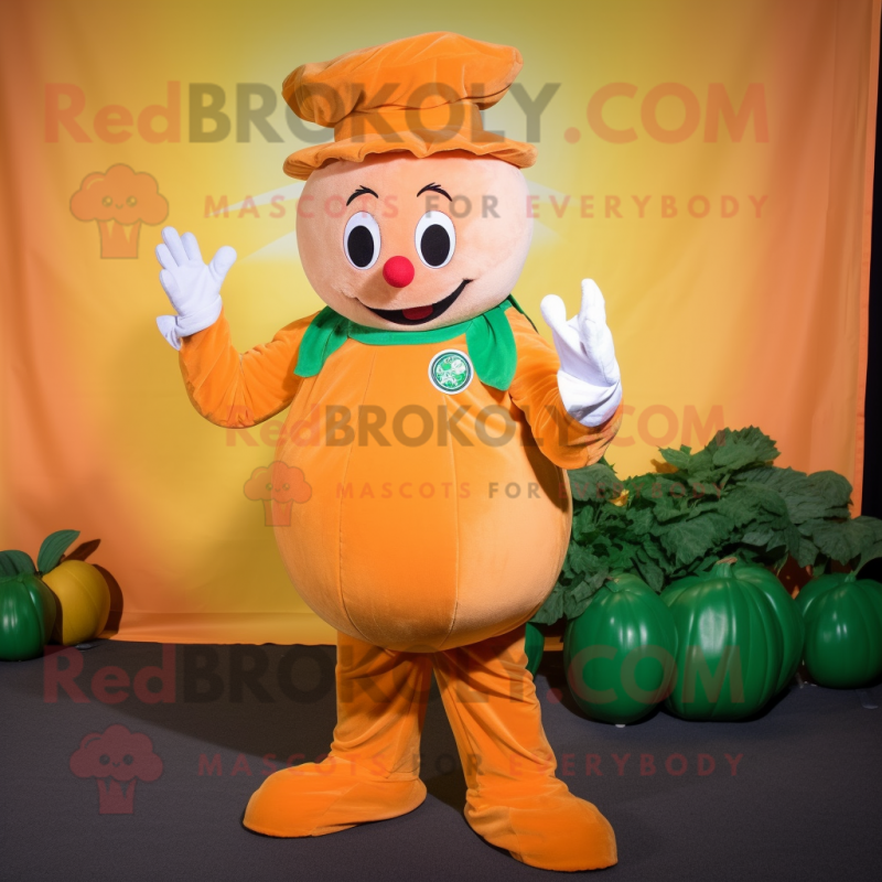 Orange Turnip mascot costume character dressed with a Corduroy Pants and Gloves