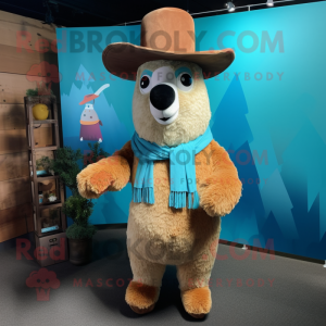 Cyan Llama mascot costume character dressed with a Corduroy Pants and Hat pins