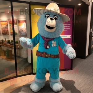 Cyan Llama mascot costume character dressed with a Corduroy Pants and Hat pins