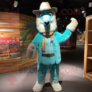 Cyan Llama mascot costume character dressed with a Corduroy Pants and Hat pins