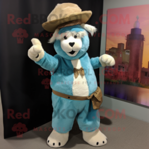 Cyan Llama mascot costume character dressed with a Corduroy Pants and Hat pins