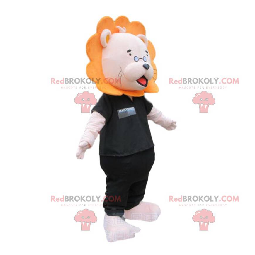 Leeuw mascotte met bril en zwarte kleding - Redbrokoly.com