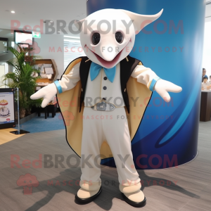 Cream Manta Ray mascot costume character dressed with a Suit Pants and Backpacks