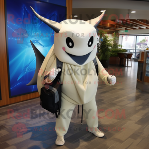 Cream Manta Ray mascot costume character dressed with a Suit Pants and Backpacks