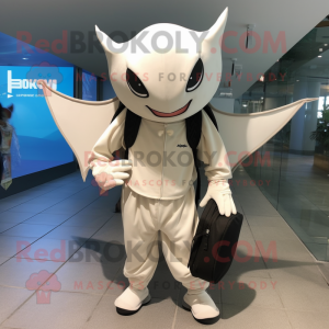 Cream Manta Ray mascot costume character dressed with a Suit Pants and Backpacks