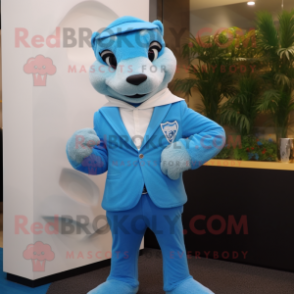 Sky Blue Mongoose mascot costume character dressed with a Suit and Cufflinks